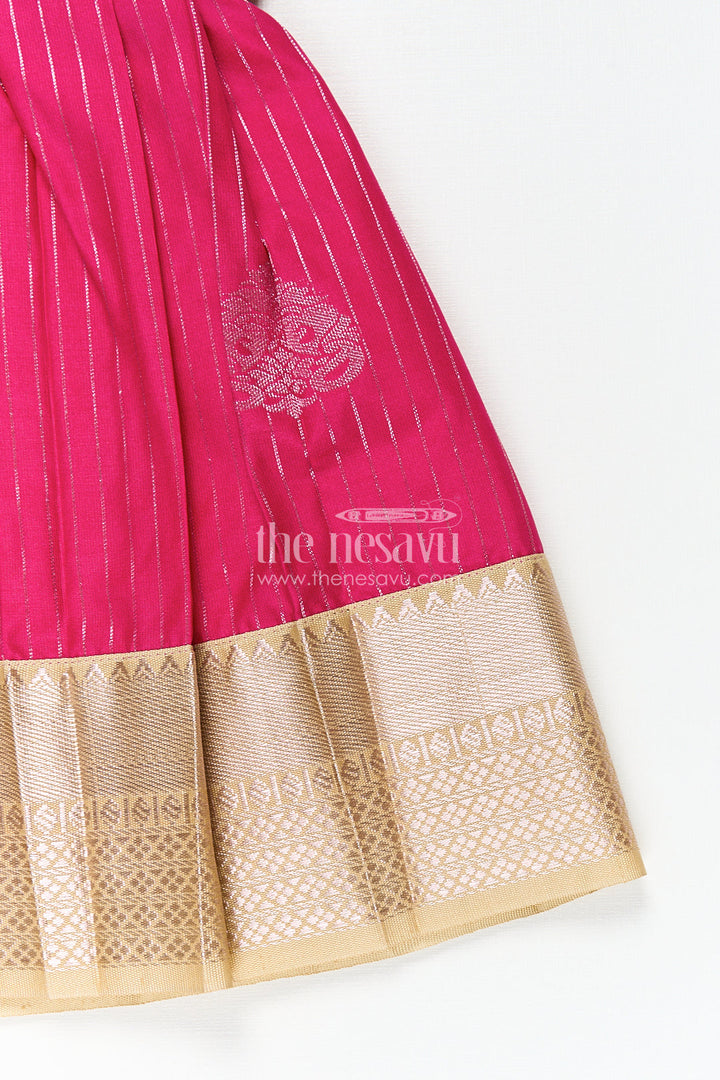 The Nesavu Girls Kanchi Silk Frock Girls Kanchivaram Silk Big Border Long Frocks with Pintuck Yoke and Sequin Front Panel Detailing Nesavu Nesavu Girls Big Border Long Frocks Kanchivaram Silk Pintuck Yoke Sequin Embellished Detail