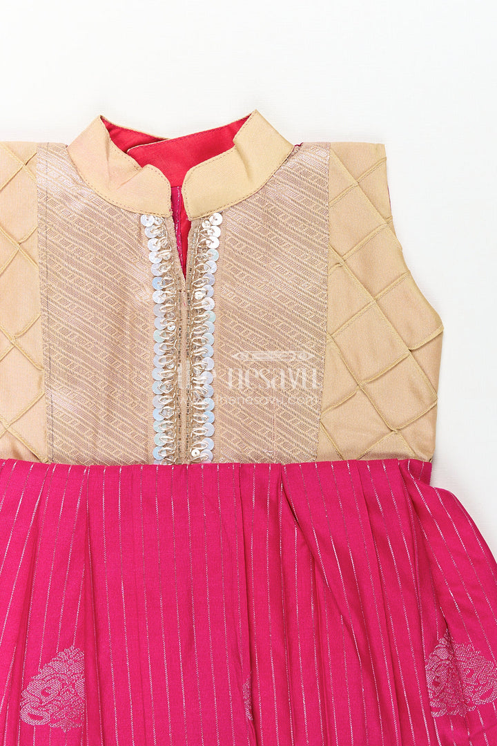 The Nesavu Girls Kanchi Silk Frock Girls Kanchivaram Silk Big Border Long Frocks with Pintuck Yoke and Sequin Front Panel Detailing Nesavu Nesavu Girls Big Border Long Frocks Kanchivaram Silk Pintuck Yoke Sequin Embellished Detail