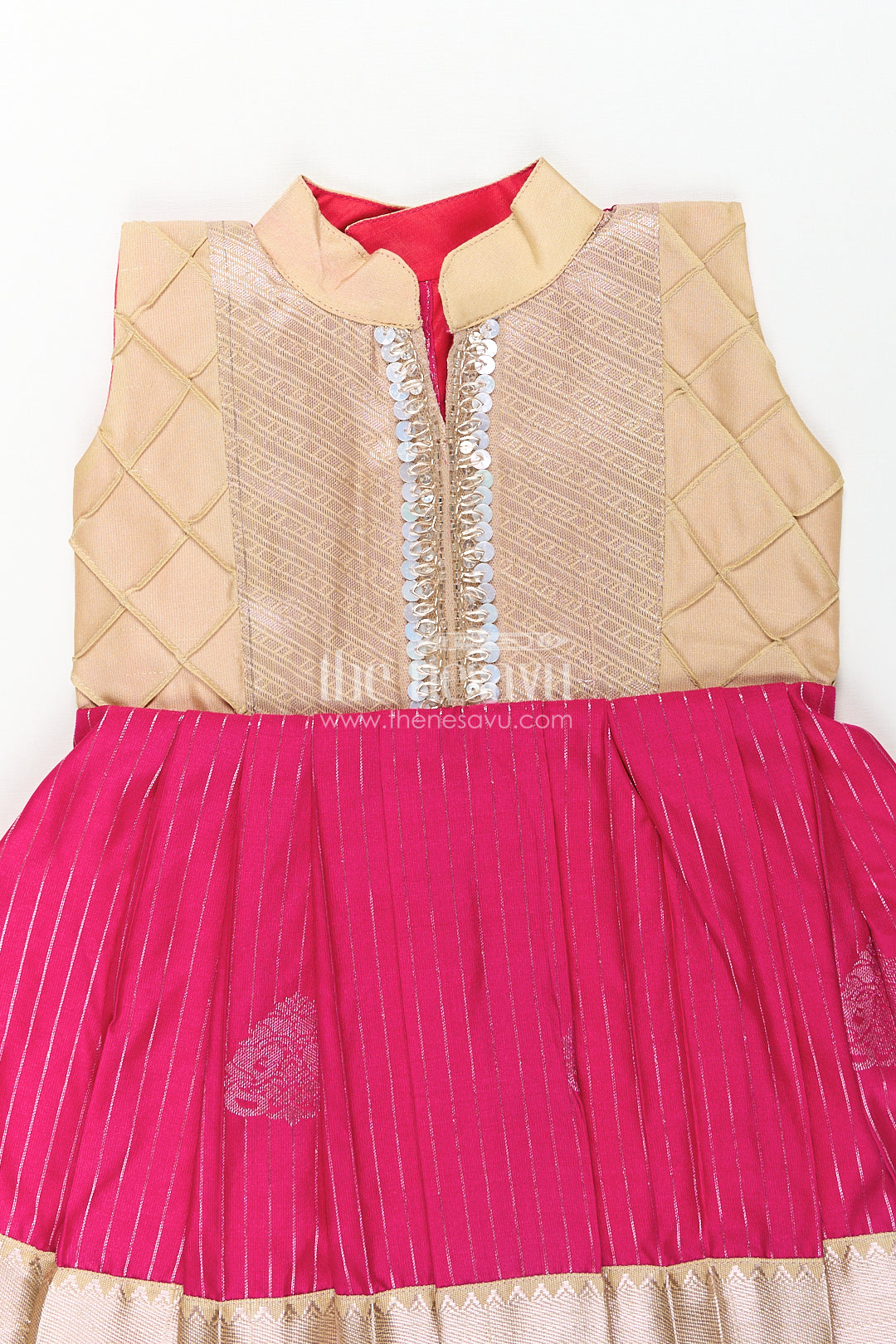 The Nesavu Girls Kanchi Silk Frock Girls Kanchivaram Silk Big Border Long Frocks with Pintuck Yoke and Sequin Front Panel Detailing Nesavu Nesavu Girls Big Border Long Frocks Kanchivaram Silk Pintuck Yoke Sequin Embellished Detail