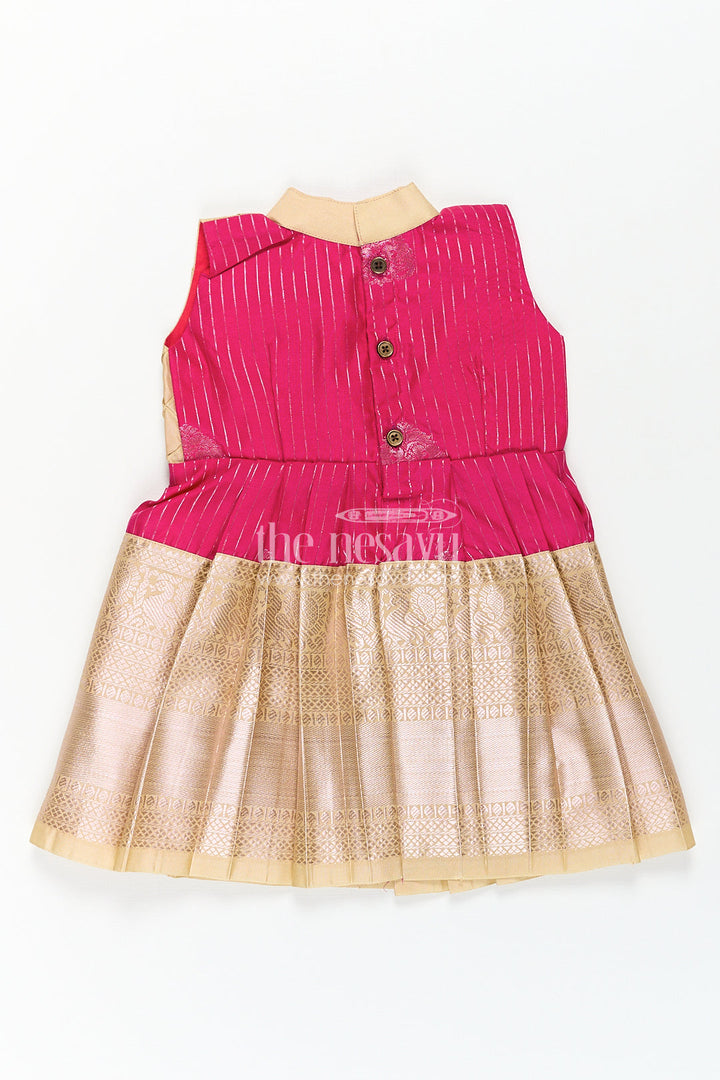 The Nesavu Girls Kanchi Silk Frock Girls Kanchivaram Silk Big Border Long Frocks with Pintuck Yoke and Sequin Front Panel Detailing Nesavu Nesavu Girls Big Border Long Frocks Kanchivaram Silk Pintuck Yoke Sequin Embellished Detail