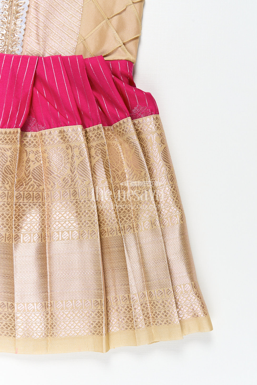 The Nesavu Girls Kanchi Silk Frock Girls Kanchivaram Silk Big Border Long Frocks with Pintuck Yoke and Sequin Front Panel Detailing Nesavu Nesavu Girls Big Border Long Frocks Kanchivaram Silk Pintuck Yoke Sequin Embellished Detail