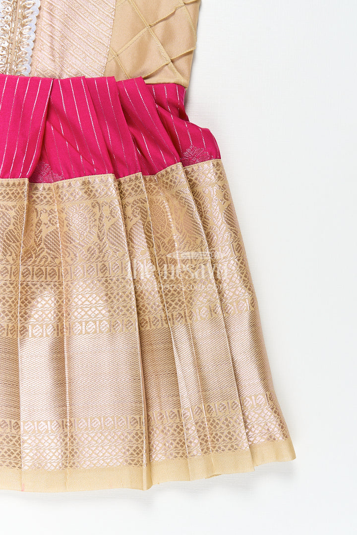 The Nesavu Girls Kanchi Silk Frock Girls Kanchivaram Silk Big Border Long Frocks with Pintuck Yoke and Sequin Front Panel Detailing Nesavu Nesavu Girls Big Border Long Frocks Kanchivaram Silk Pintuck Yoke Sequin Embellished Detail