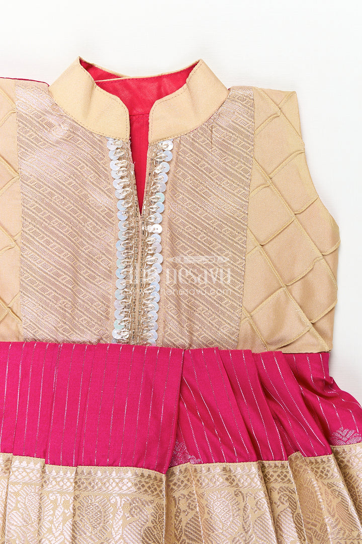 The Nesavu Girls Kanchi Silk Frock Girls Kanchivaram Silk Big Border Long Frocks with Pintuck Yoke and Sequin Front Panel Detailing Nesavu Nesavu Girls Big Border Long Frocks Kanchivaram Silk Pintuck Yoke Sequin Embellished Detail