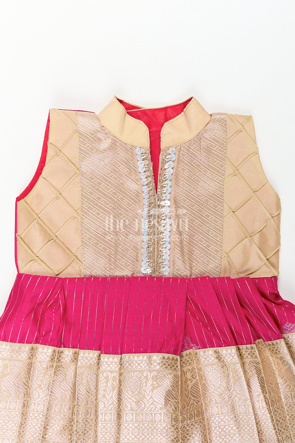 The Nesavu Girls Kanchi Silk Frock Girls Kanchivaram Silk Big Border Long Frocks with Pintuck Yoke and Sequin Front Panel Detailing Nesavu Nesavu Girls Big Border Long Frocks Kanchivaram Silk Pintuck Yoke Sequin Embellished Detail