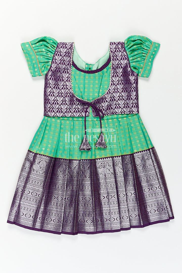 The Nesavu Girls Kanchi Silk Frock Girls Kanchivaram Silk Cotton Frocks with Puff Sleeves Green Bodice and Purple Zari Woven Skirt Nesavu 16 (1Y) / Green / Style 1 SF824AA-16 Nesavu Girls Silk Cotton Frocks Kanchivaram Style Purple Zari Skirt Green Puff Sleeve Bodice