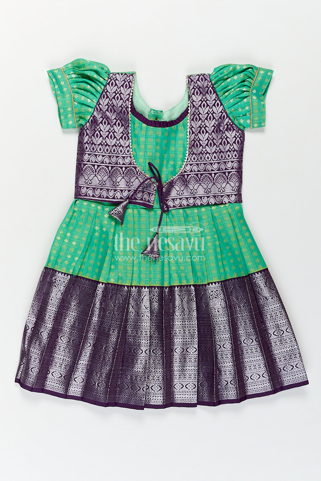 The Nesavu Girls Kanchi Silk Frock Girls Kanchivaram Silk Cotton Frocks with Puff Sleeves Green Bodice and Purple Zari Woven Skirt Nesavu 16 (1Y) / Green / Style 2 SF824AB-16 Nesavu Girls Silk Cotton Frocks Kanchivaram Style Purple Zari Skirt Green Puff Sleeve Bodice