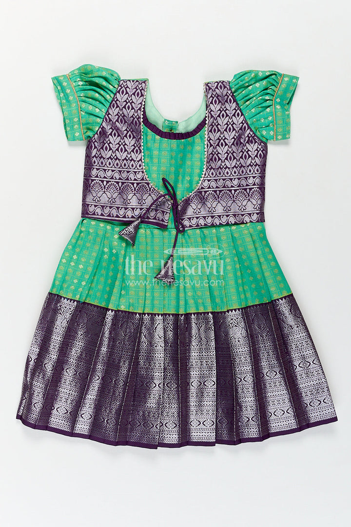 The Nesavu Girls Kanchi Silk Frock Girls Kanchivaram Silk Cotton Frocks with Puff Sleeves Green Bodice and Purple Zari Woven Skirt Nesavu 16 (1Y) / Green / Style 2 SF824AB-16 Nesavu Girls Silk Cotton Frocks Kanchivaram Style Purple Zari Skirt Green Puff Sleeve Bodice