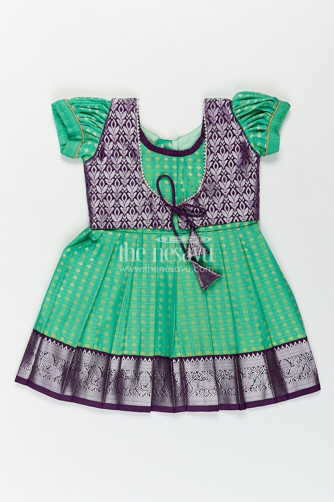 The Nesavu Girls Kanchi Silk Frock Girls Kanchivaram Silk Cotton Frocks with Puff Sleeves Green Bodice and Purple Zari Woven Skirt Nesavu 16 (1Y) / Green / Style 3 SF824AC-16 Nesavu Girls Silk Cotton Frocks Kanchivaram Style Purple Zari Skirt Green Puff Sleeve Bodice