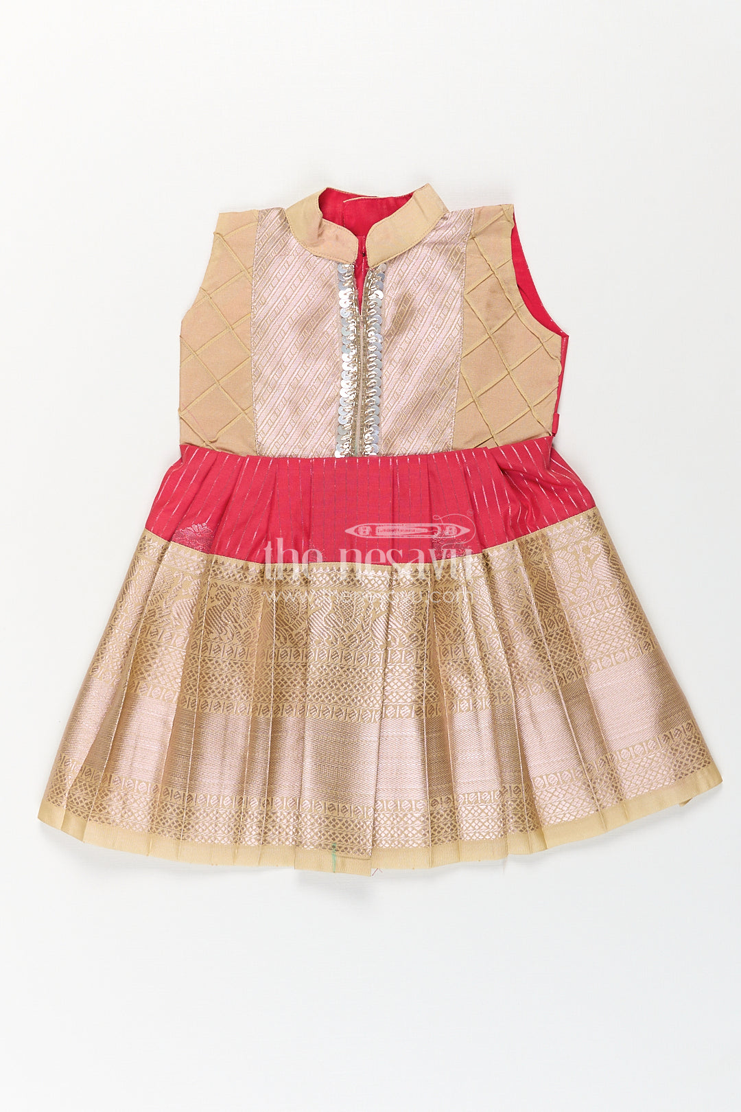 The Nesavu Girls Kanchi Silk Frock Girls Kanchivaram Silk Latest Silk Frock Design with Pintuck Bodice and Rich Gold Woven Finish Nesavu 14 (6M) / Red / Style 1 SF817BA-14 Nesavu Girls Kanchivaram Silk Frock Latest Silk Frock Design Lace Yoke Red Waist Detail