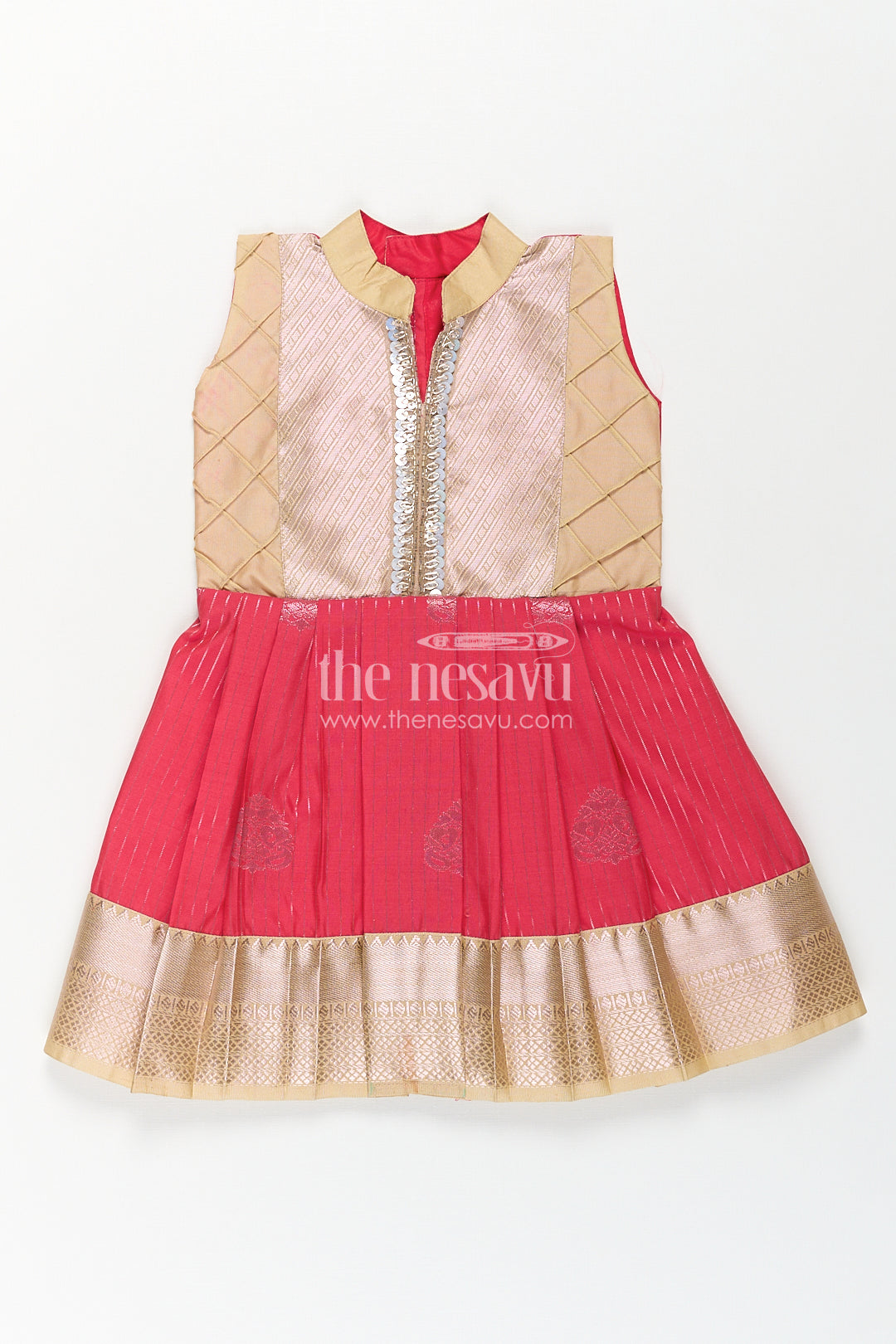 The Nesavu Girls Kanchi Silk Frock Girls Kanchivaram Silk Latest Silk Frock Design with Pintuck Bodice and Rich Gold Woven Finish Nesavu 14 (6M) / Red / Style 2 SF817BB-14 Nesavu Girls Kanchivaram Silk Frock Latest Silk Frock Design Lace Yoke Red Waist Detail