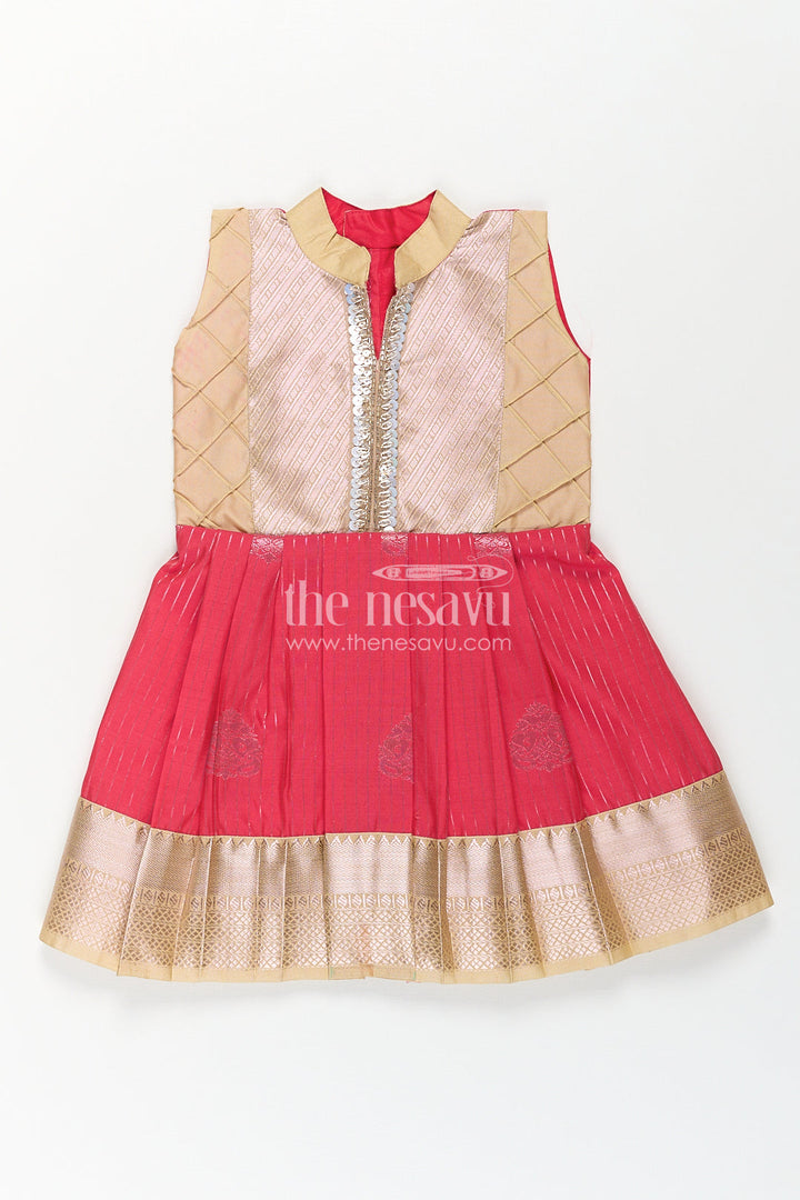 The Nesavu Girls Kanchi Silk Frock Girls Kanchivaram Silk Latest Silk Frock Design with Pintuck Bodice and Rich Gold Woven Finish Nesavu 14 (6M) / Red / Style 2 SF817BB-14 Nesavu Girls Kanchivaram Silk Frock Latest Silk Frock Design Lace Yoke Red Waist Detail