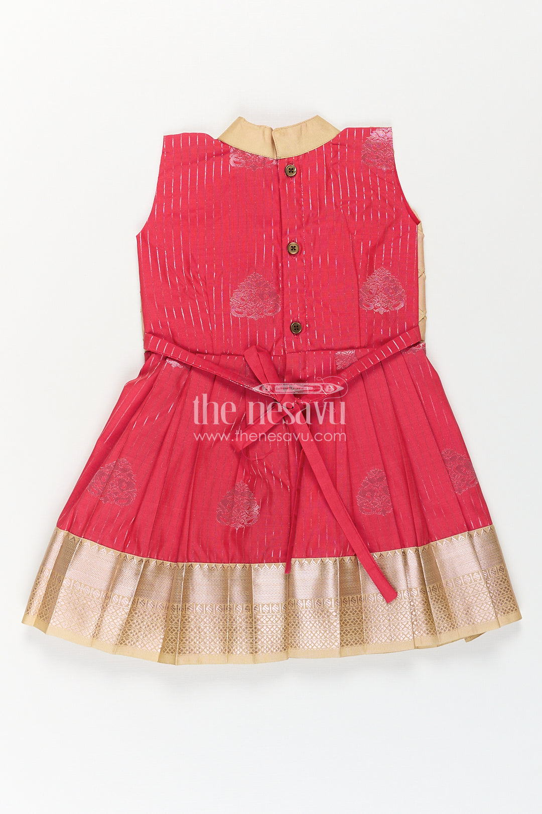 The Nesavu Girls Kanchi Silk Frock Girls Kanchivaram Silk Latest Silk Frock Design with Pintuck Bodice and Rich Gold Woven Finish Nesavu Nesavu Girls Kanchivaram Silk Frock Latest Silk Frock Design Lace Yoke Red Waist Detail