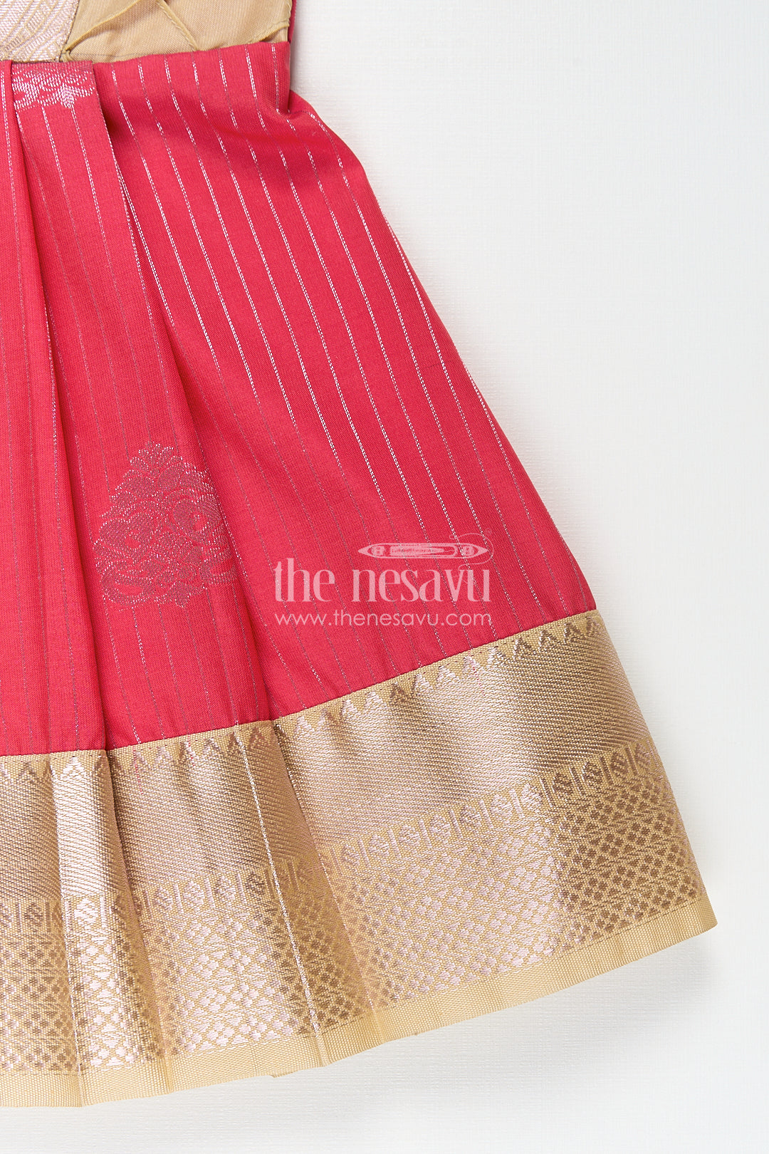 The Nesavu Girls Kanchi Silk Frock Girls Kanchivaram Silk Latest Silk Frock Design with Pintuck Bodice and Rich Gold Woven Finish Nesavu Nesavu Girls Kanchivaram Silk Frock Latest Silk Frock Design Lace Yoke Red Waist Detail