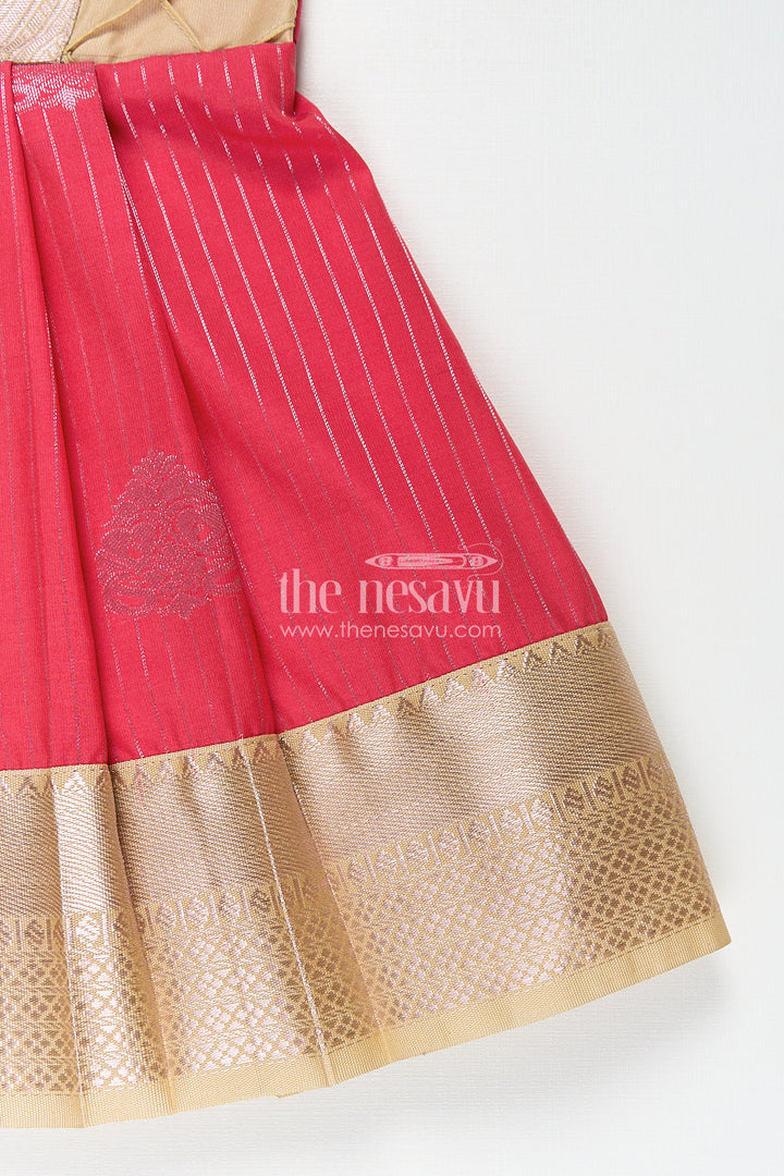 The Nesavu Girls Kanchi Silk Frock Girls Kanchivaram Silk Latest Silk Frock Design with Pintuck Bodice and Rich Gold Woven Finish Nesavu Nesavu Girls Kanchivaram Silk Frock Latest Silk Frock Design Lace Yoke Red Waist Detail