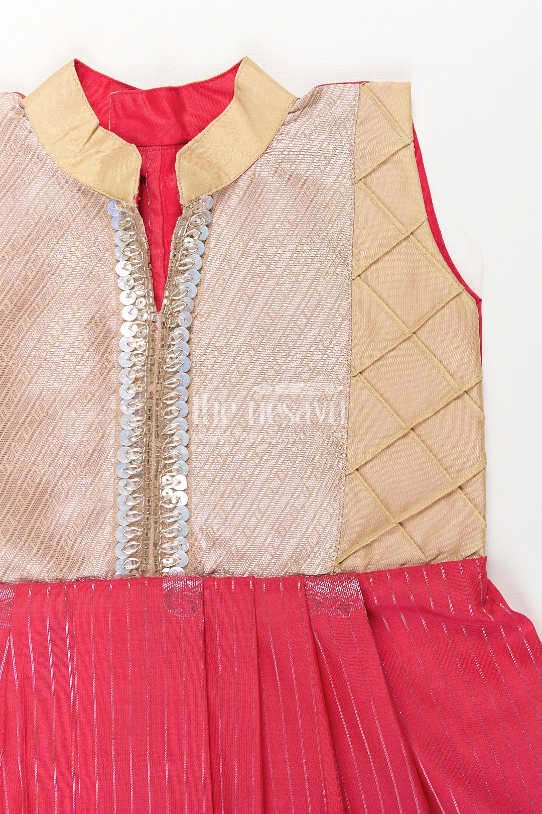 The Nesavu Girls Kanchi Silk Frock Girls Kanchivaram Silk Latest Silk Frock Design with Pintuck Bodice and Rich Gold Woven Finish Nesavu Nesavu Girls Kanchivaram Silk Frock Latest Silk Frock Design Lace Yoke Red Waist Detail