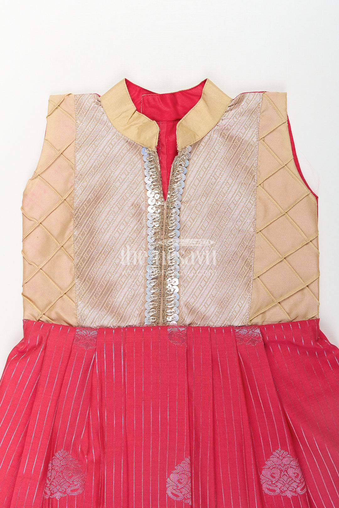 The Nesavu Girls Kanchi Silk Frock Girls Kanchivaram Silk Latest Silk Frock Design with Pintuck Bodice and Rich Gold Woven Finish Nesavu Nesavu Girls Kanchivaram Silk Frock Latest Silk Frock Design Lace Yoke Red Waist Detail