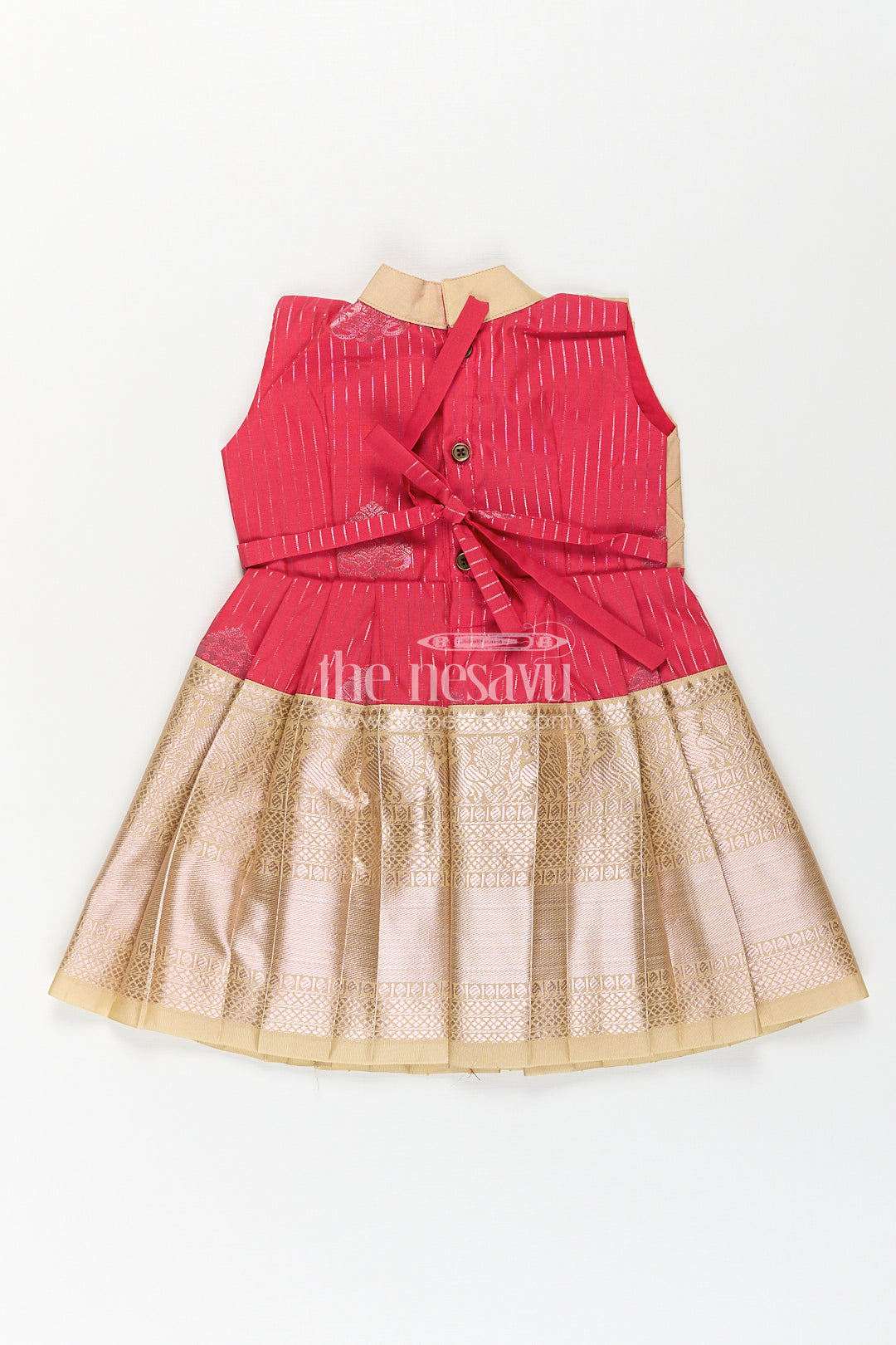 The Nesavu Girls Kanchi Silk Frock Girls Kanchivaram Silk Latest Silk Frock Design with Pintuck Bodice and Rich Gold Woven Finish Nesavu Nesavu Girls Kanchivaram Silk Frock Latest Silk Frock Design Lace Yoke Red Waist Detail