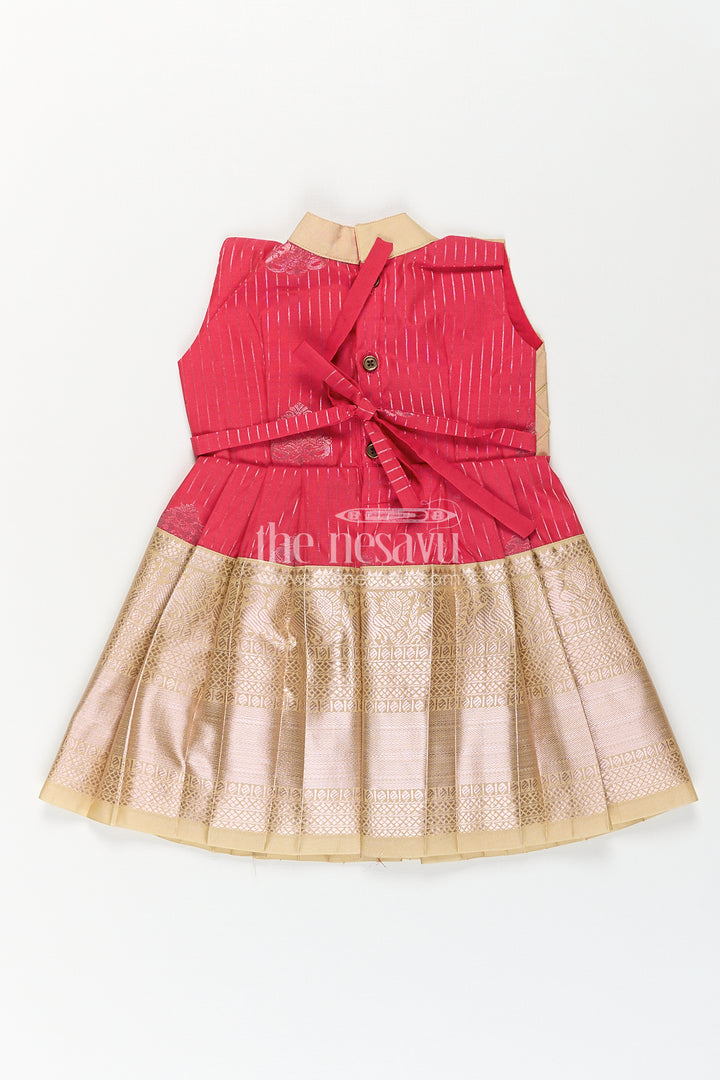 The Nesavu Girls Kanchi Silk Frock Girls Kanchivaram Silk Latest Silk Frock Design with Pintuck Bodice and Rich Gold Woven Finish Nesavu Nesavu Girls Kanchivaram Silk Frock Latest Silk Frock Design Lace Yoke Red Waist Detail