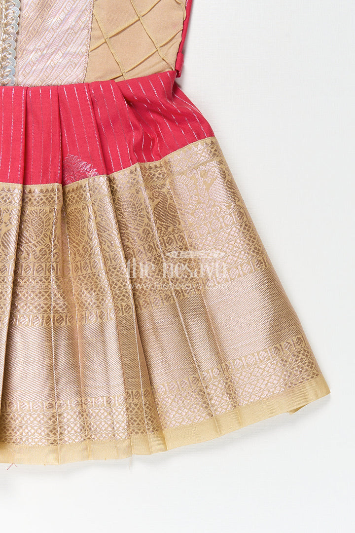 The Nesavu Girls Kanchi Silk Frock Girls Kanchivaram Silk Latest Silk Frock Design with Pintuck Bodice and Rich Gold Woven Finish Nesavu Nesavu Girls Kanchivaram Silk Frock Latest Silk Frock Design Lace Yoke Red Waist Detail