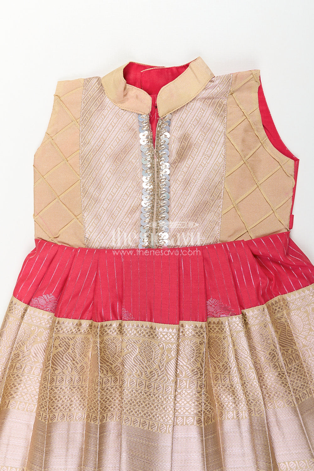 The Nesavu Girls Kanchi Silk Frock Girls Kanchivaram Silk Latest Silk Frock Design with Pintuck Bodice and Rich Gold Woven Finish Nesavu Nesavu Girls Kanchivaram Silk Frock Latest Silk Frock Design Lace Yoke Red Waist Detail