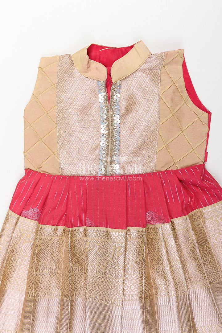 The Nesavu Girls Kanchi Silk Frock Girls Kanchivaram Silk Latest Silk Frock Design with Pintuck Bodice and Rich Gold Woven Finish Nesavu Nesavu Girls Kanchivaram Silk Frock Latest Silk Frock Design Lace Yoke Red Waist Detail