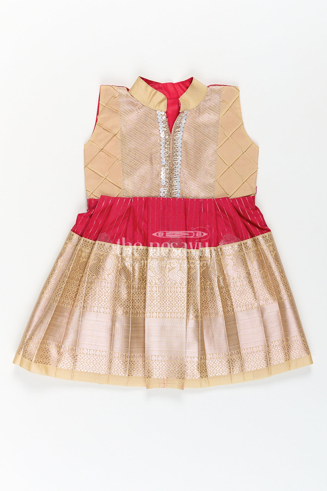 The Nesavu Girls Kanchi Silk Frock Girls Kanchivaram Silk Red Color Frock Design with Pintucks and Lace Yoke for Elegant Style Nesavu 14 (6M) / Red / Style 1 SF817AA-14 Nesavu Girls Kanchivaram Silk Frock Red Color Design Pintucks Lace Embellished Yoke