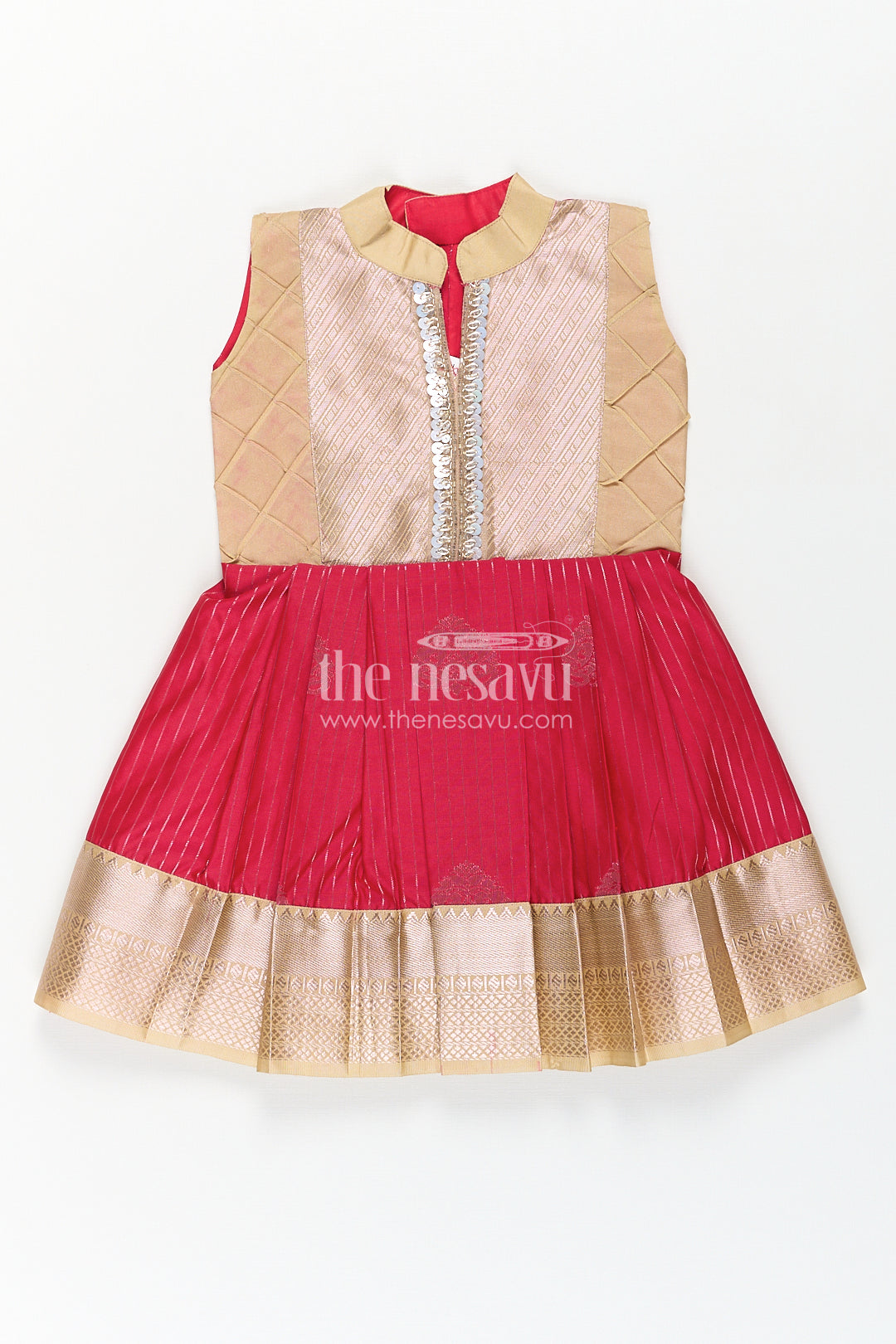 The Nesavu Girls Kanchi Silk Frock Girls Kanchivaram Silk Red Color Frock Design with Pintucks and Lace Yoke for Elegant Style Nesavu 14 (6M) / Red / Style 2 SF817AB-14 Nesavu Girls Kanchivaram Silk Frock Red Color Design Pintucks Lace Embellished Yoke