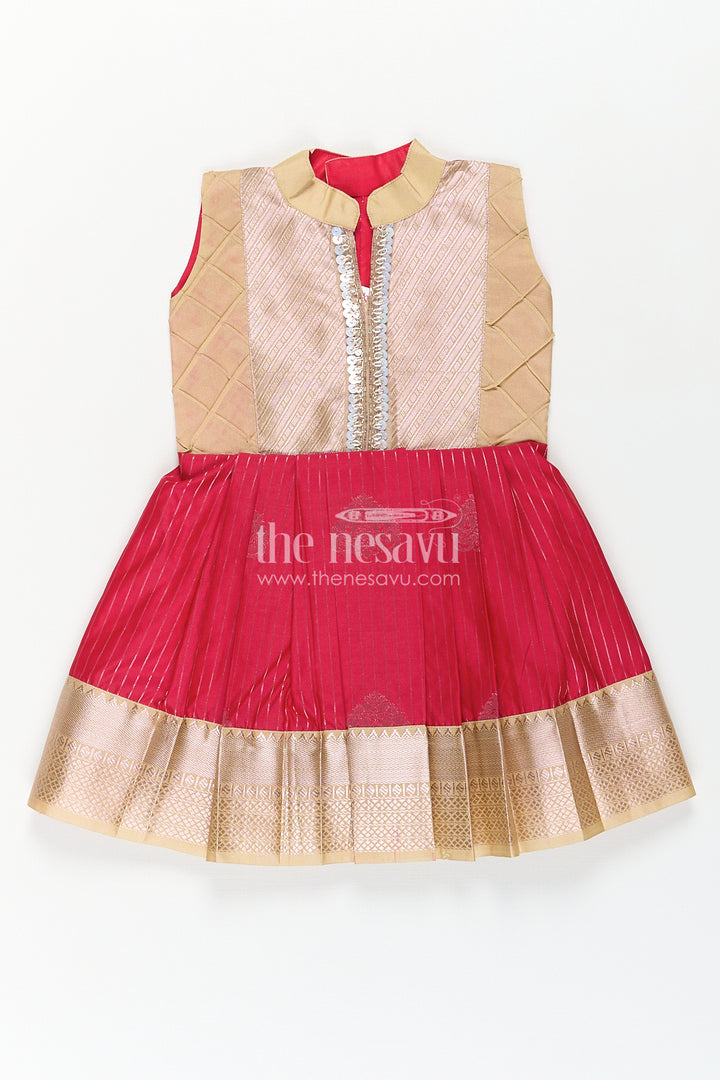 The Nesavu Girls Kanchi Silk Frock Girls Kanchivaram Silk Red Color Frock Design with Pintucks and Lace Yoke for Elegant Style Nesavu 14 (6M) / Red / Style 2 SF817AB-14 Nesavu Girls Kanchivaram Silk Frock Red Color Design Pintucks Lace Embellished Yoke