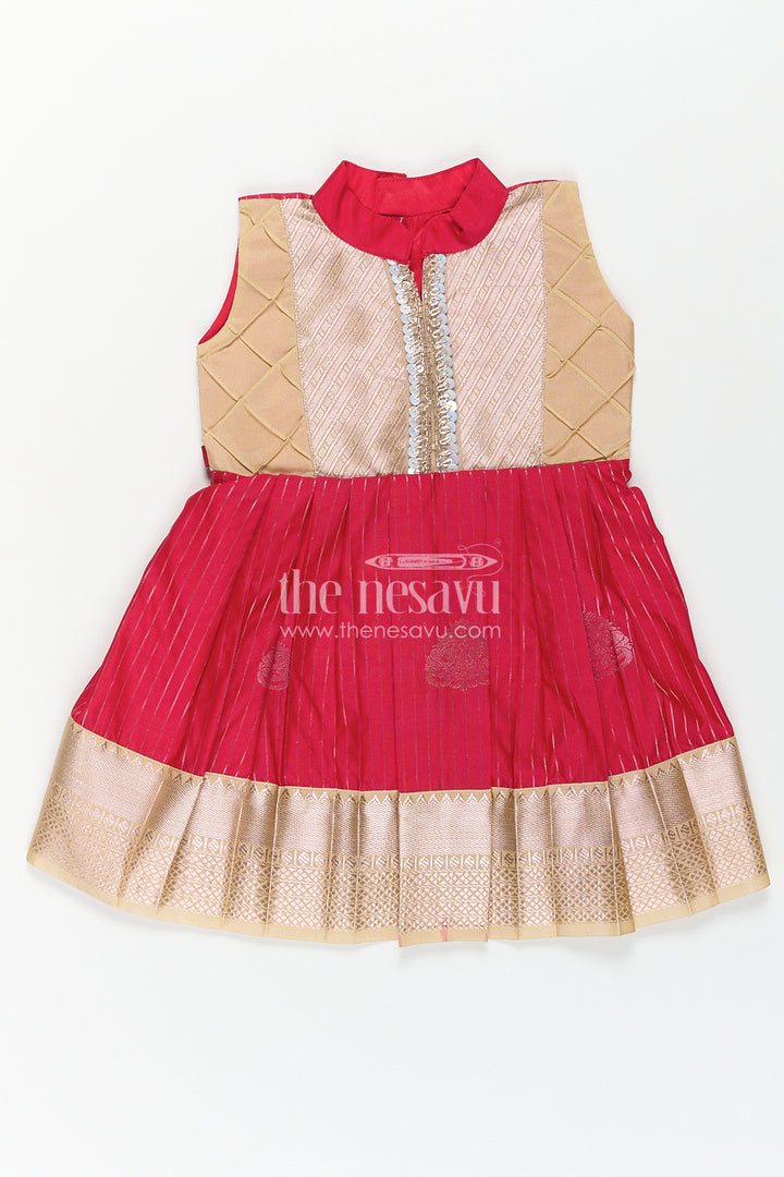 The Nesavu Girls Kanchi Silk Frock Girls Kanchivaram Silk Red Color Frock Design with Pintucks and Lace Yoke for Elegant Style Nesavu 14 (6M) / Red / Style 3 SF817AC-14 Nesavu Girls Kanchivaram Silk Frock Red Color Design Pintucks Lace Embellished Yoke