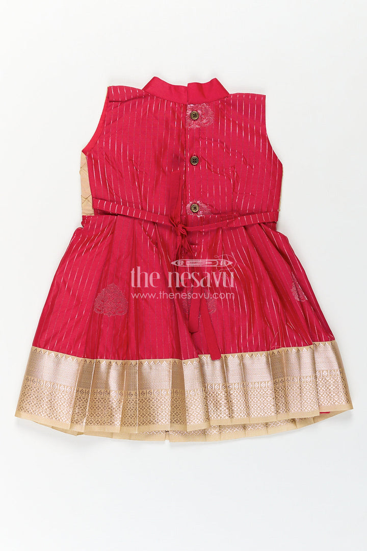 The Nesavu Girls Kanchi Silk Frock Girls Kanchivaram Silk Red Color Frock Design with Pintucks and Lace Yoke for Elegant Style Nesavu Nesavu Girls Kanchivaram Silk Frock Red Color Design Pintucks Lace Embellished Yoke