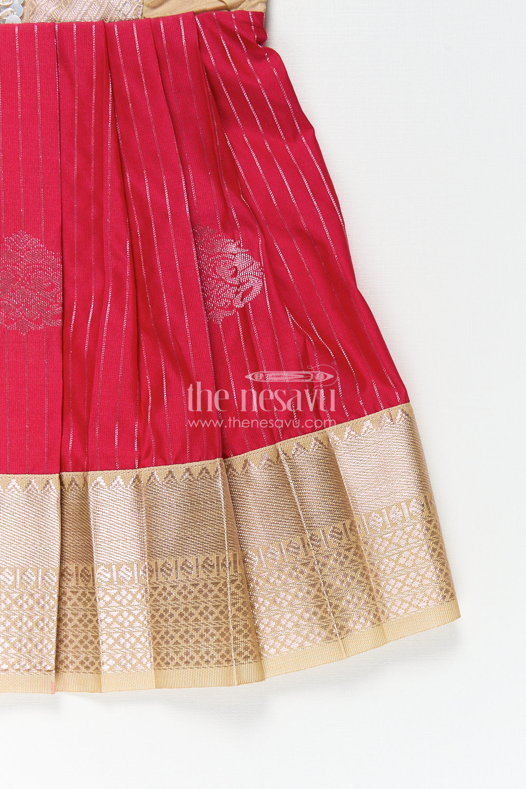 The Nesavu Girls Kanchi Silk Frock Girls Kanchivaram Silk Red Color Frock Design with Pintucks and Lace Yoke for Elegant Style Nesavu Nesavu Girls Kanchivaram Silk Frock Red Color Design Pintucks Lace Embellished Yoke