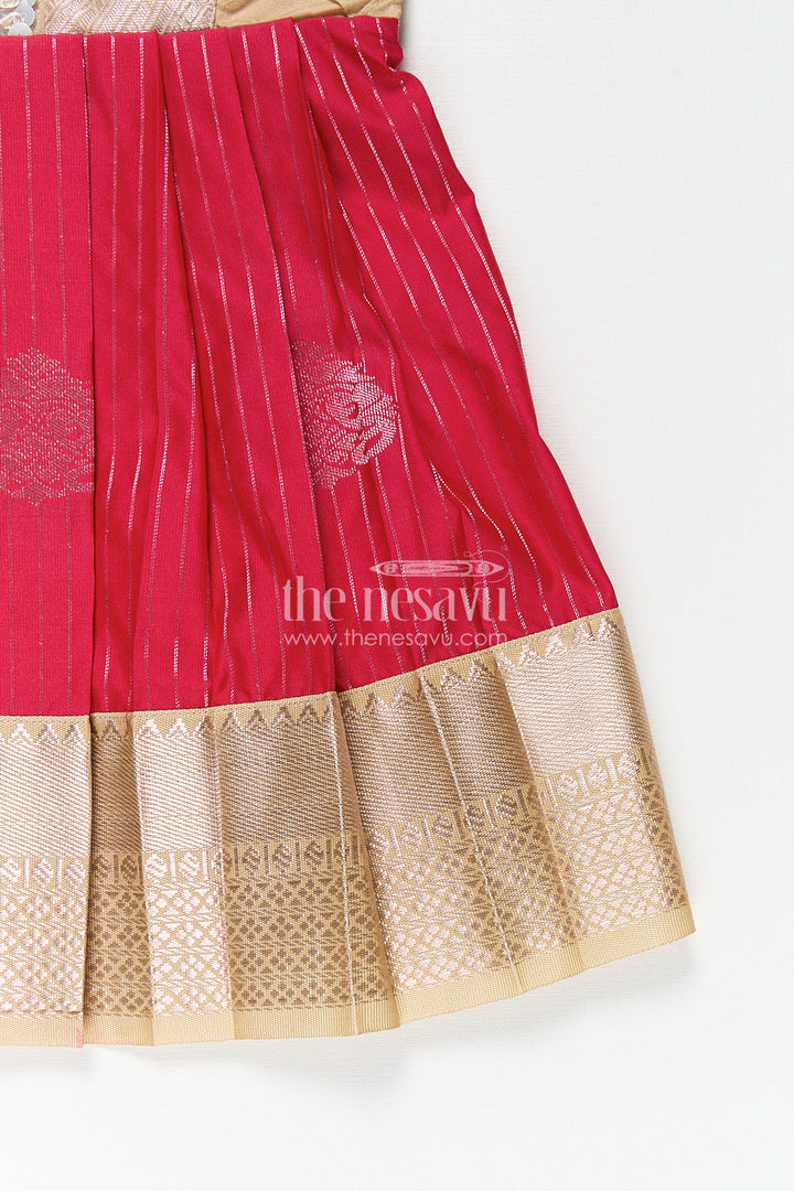 The Nesavu Girls Kanchi Silk Frock Girls Kanchivaram Silk Red Color Frock Design with Pintucks and Lace Yoke for Elegant Style Nesavu Nesavu Girls Kanchivaram Silk Frock Red Color Design Pintucks Lace Embellished Yoke