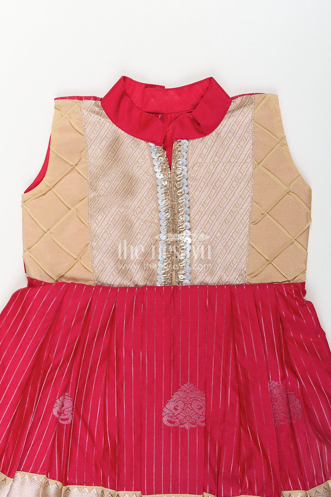 The Nesavu Girls Kanchi Silk Frock Girls Kanchivaram Silk Red Color Frock Design with Pintucks and Lace Yoke for Elegant Style Nesavu Nesavu Girls Kanchivaram Silk Frock Red Color Design Pintucks Lace Embellished Yoke
