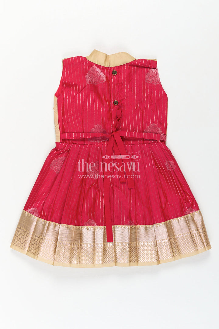 The Nesavu Girls Kanchi Silk Frock Girls Kanchivaram Silk Red Color Frock Design with Pintucks and Lace Yoke for Elegant Style Nesavu Nesavu Girls Kanchivaram Silk Frock Red Color Design Pintucks Lace Embellished Yoke