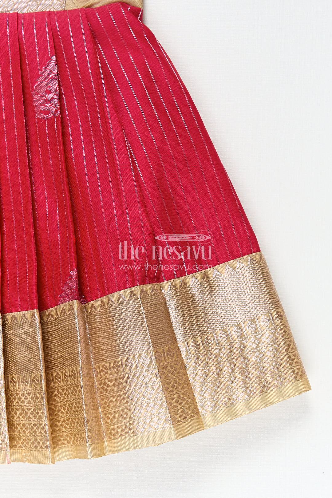The Nesavu Girls Kanchi Silk Frock Girls Kanchivaram Silk Red Color Frock Design with Pintucks and Lace Yoke for Elegant Style Nesavu Nesavu Girls Kanchivaram Silk Frock Red Color Design Pintucks Lace Embellished Yoke