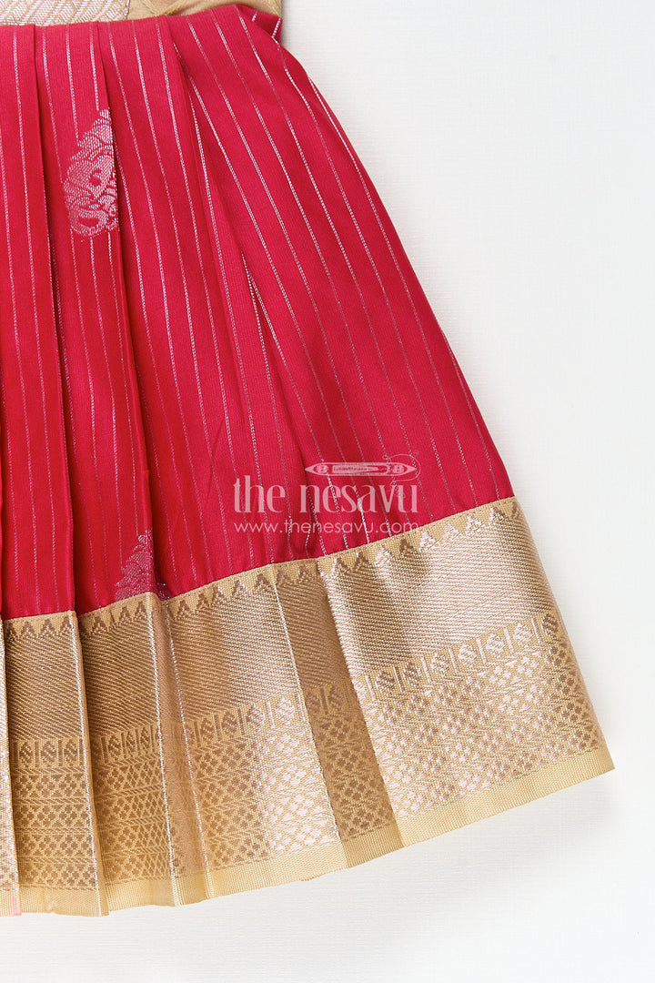 The Nesavu Girls Kanchi Silk Frock Girls Kanchivaram Silk Red Color Frock Design with Pintucks and Lace Yoke for Elegant Style Nesavu Nesavu Girls Kanchivaram Silk Frock Red Color Design Pintucks Lace Embellished Yoke