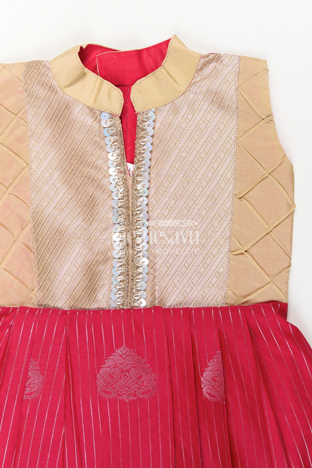 The Nesavu Girls Kanchi Silk Frock Girls Kanchivaram Silk Red Color Frock Design with Pintucks and Lace Yoke for Elegant Style Nesavu Nesavu Girls Kanchivaram Silk Frock Red Color Design Pintucks Lace Embellished Yoke