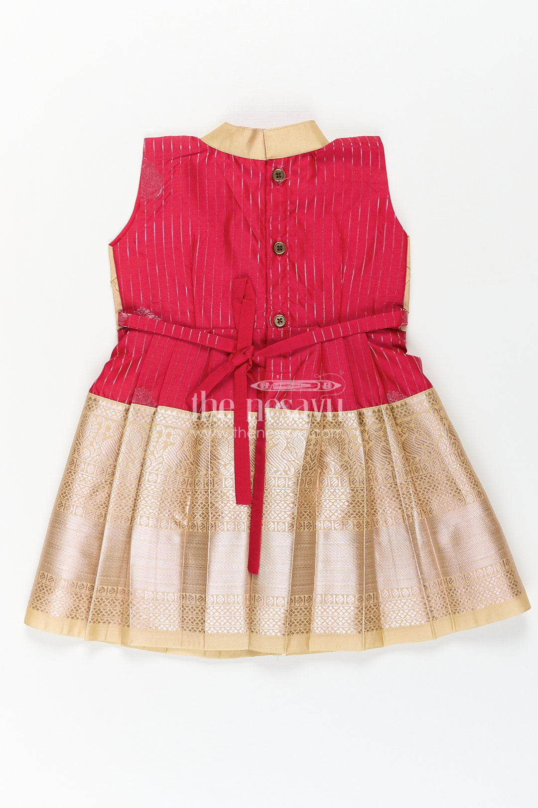 The Nesavu Girls Kanchi Silk Frock Girls Kanchivaram Silk Red Color Frock Design with Pintucks and Lace Yoke for Elegant Style Nesavu Nesavu Girls Kanchivaram Silk Frock Red Color Design Pintucks Lace Embellished Yoke