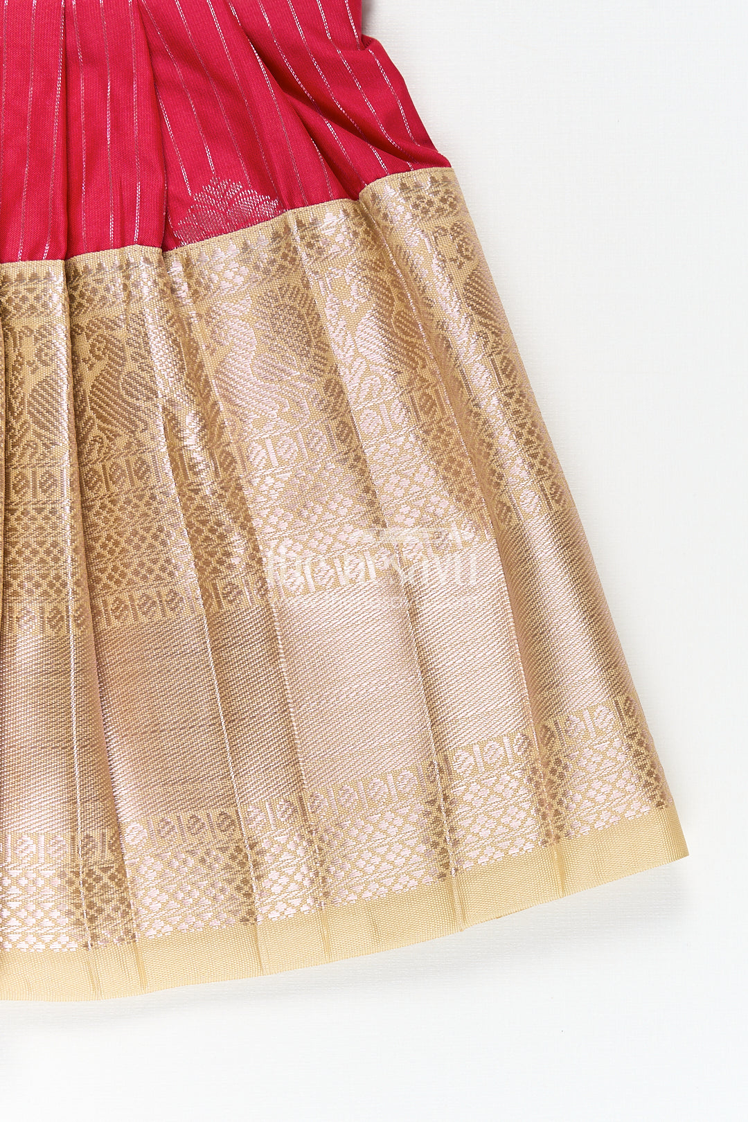 The Nesavu Girls Kanchi Silk Frock Girls Kanchivaram Silk Red Color Frock Design with Pintucks and Lace Yoke for Elegant Style Nesavu Nesavu Girls Kanchivaram Silk Frock Red Color Design Pintucks Lace Embellished Yoke