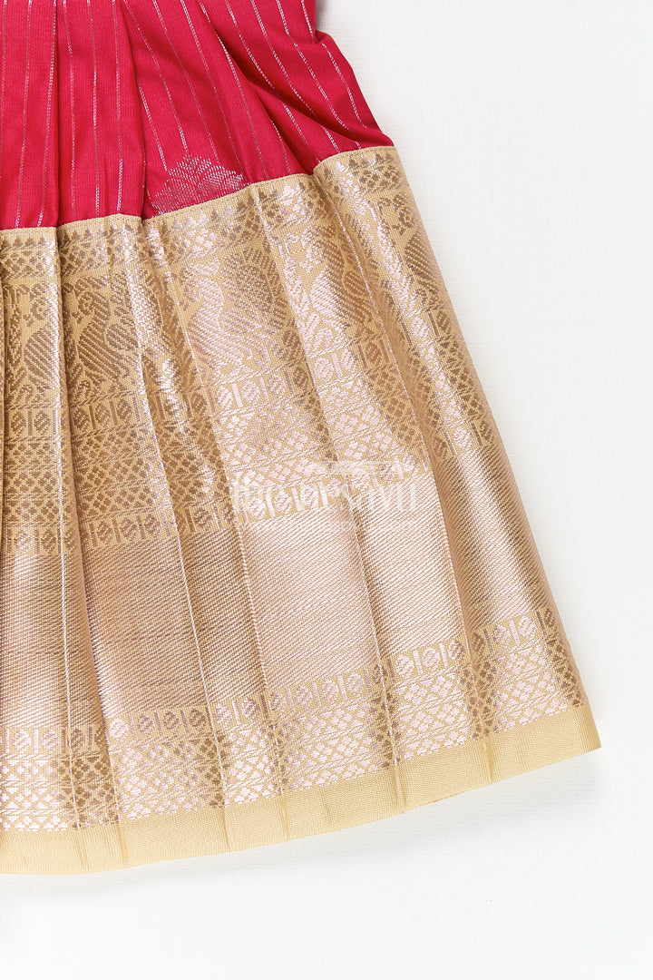 The Nesavu Girls Kanchi Silk Frock Girls Kanchivaram Silk Red Color Frock Design with Pintucks and Lace Yoke for Elegant Style Nesavu Nesavu Girls Kanchivaram Silk Frock Red Color Design Pintucks Lace Embellished Yoke