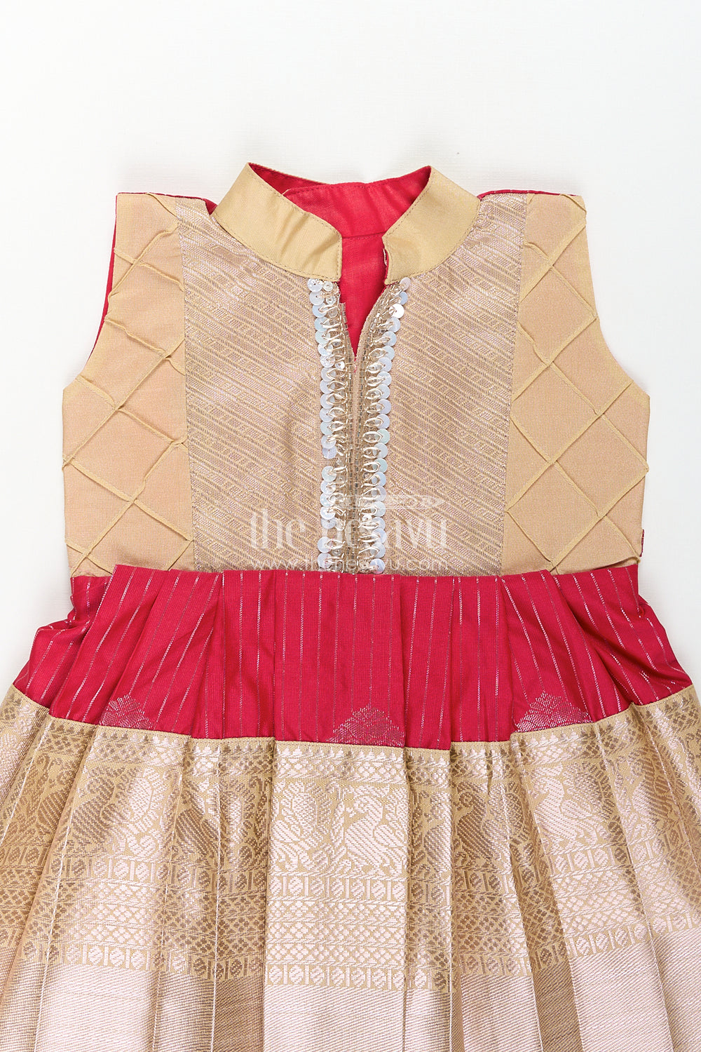 The Nesavu Girls Kanchi Silk Frock Girls Kanchivaram Silk Red Color Frock Design with Pintucks and Lace Yoke for Elegant Style Nesavu Nesavu Girls Kanchivaram Silk Frock Red Color Design Pintucks Lace Embellished Yoke