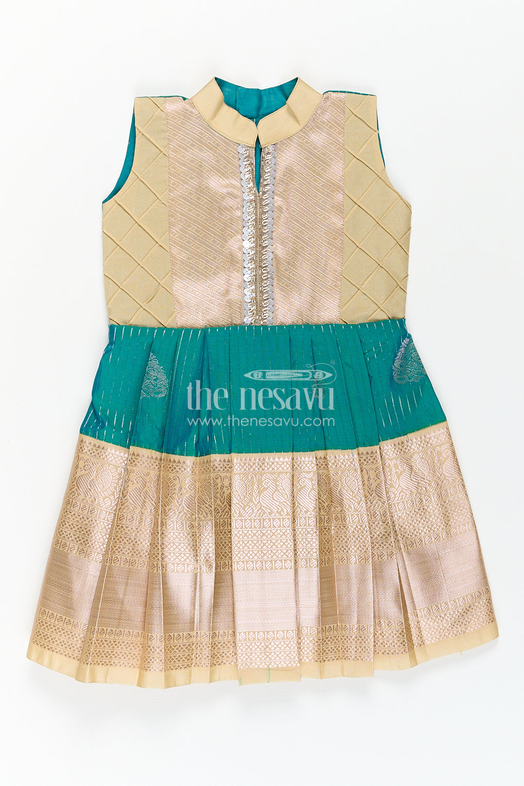 The Nesavu Girls Kanchi Silk Frock Girls Kanchivaram Silk Small Border Silk Frock with Green Waist and Pintuck Embellished Yoke Nesavu 14 (6M) / Green / Style 1 SF817DA-14 Nesavu Girls Small Border Silk Frock Kanchivaram Silk Pintuck Yoke Green Highlights