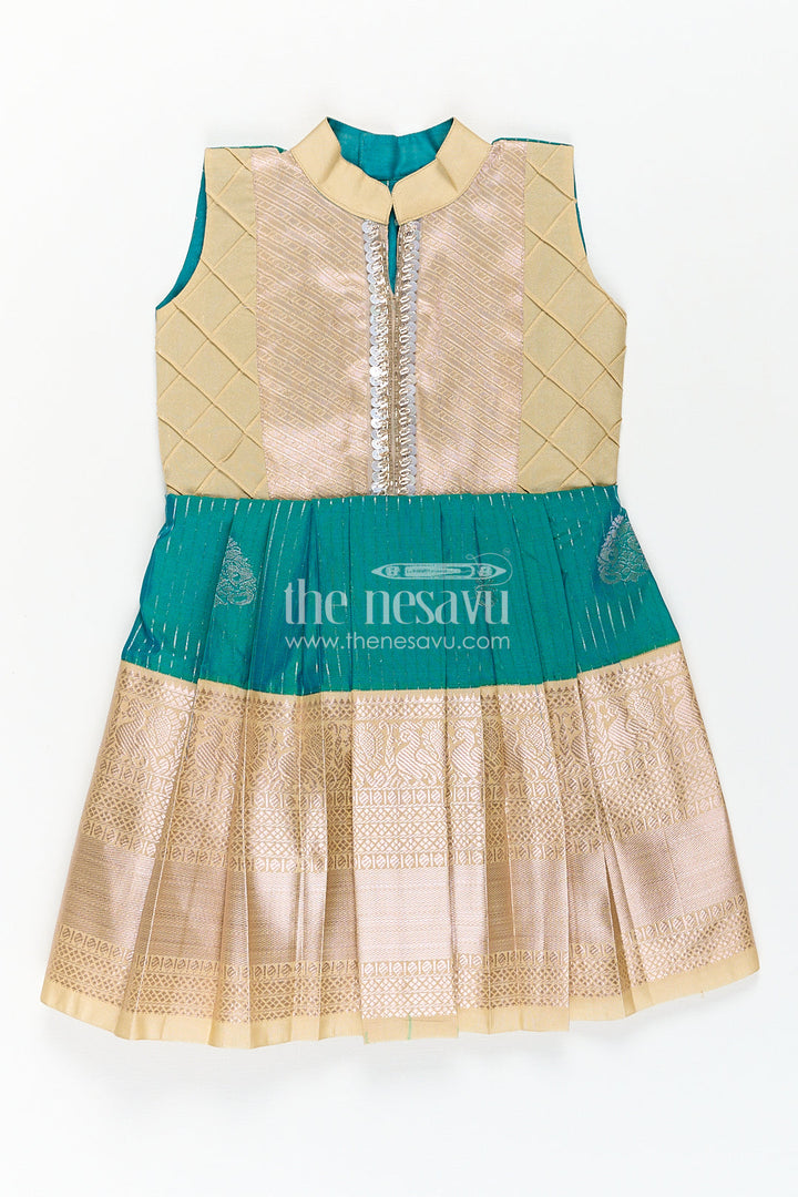 The Nesavu Girls Kanchi Silk Frock Girls Kanchivaram Silk Small Border Silk Frock with Green Waist and Pintuck Embellished Yoke Nesavu 14 (6M) / Green / Style 1 SF817DA-14 Nesavu Girls Small Border Silk Frock Kanchivaram Silk Pintuck Yoke Green Highlights