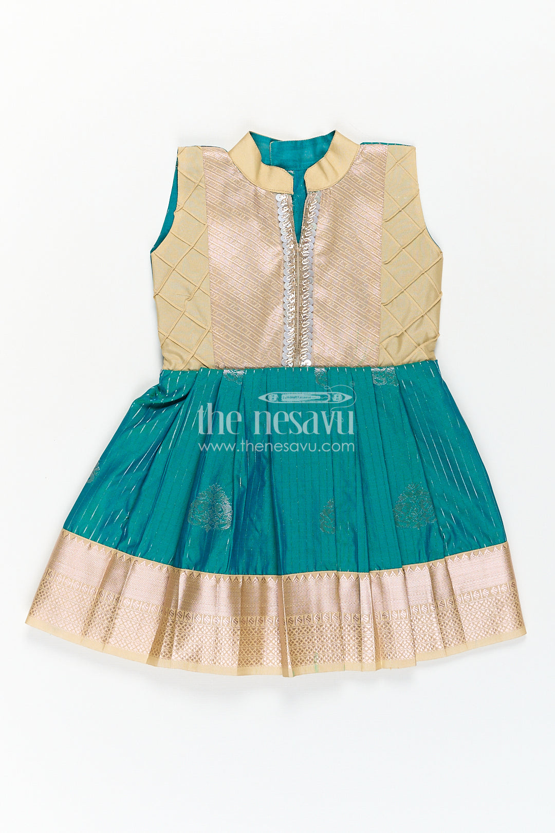 The Nesavu Girls Kanchi Silk Frock Girls Kanchivaram Silk Small Border Silk Frock with Green Waist and Pintuck Embellished Yoke Nesavu 14 (6M) / Green / Style 2 SF817DB-14 Nesavu Girls Small Border Silk Frock Kanchivaram Silk Pintuck Yoke Green Highlights