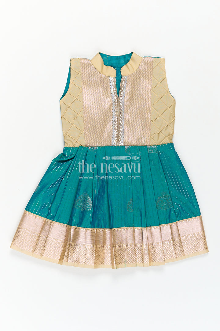 The Nesavu Girls Kanchi Silk Frock Girls Kanchivaram Silk Small Border Silk Frock with Green Waist and Pintuck Embellished Yoke Nesavu 14 (6M) / Green / Style 2 SF817DB-14 Nesavu Girls Small Border Silk Frock Kanchivaram Silk Pintuck Yoke Green Highlights