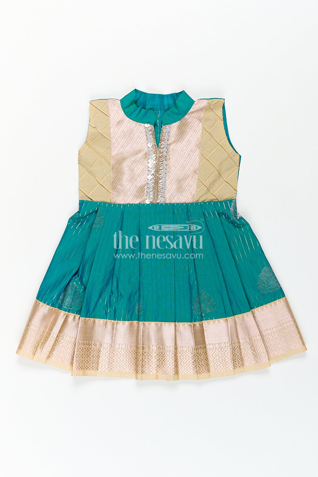 The Nesavu Girls Kanchi Silk Frock Girls Kanchivaram Silk Small Border Silk Frock with Green Waist and Pintuck Embellished Yoke Nesavu 14 (6M) / Green / Style 3 SF817DC-14 Nesavu Girls Small Border Silk Frock Kanchivaram Silk Pintuck Yoke Green Highlights