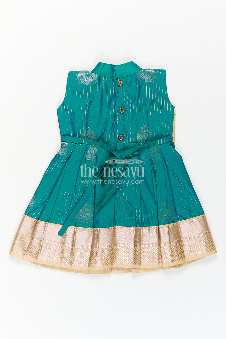The Nesavu Girls Kanchi Silk Frock Girls Kanchivaram Silk Small Border Silk Frock with Green Waist and Pintuck Embellished Yoke Nesavu Nesavu Girls Small Border Silk Frock Kanchivaram Silk Pintuck Yoke Green Highlights