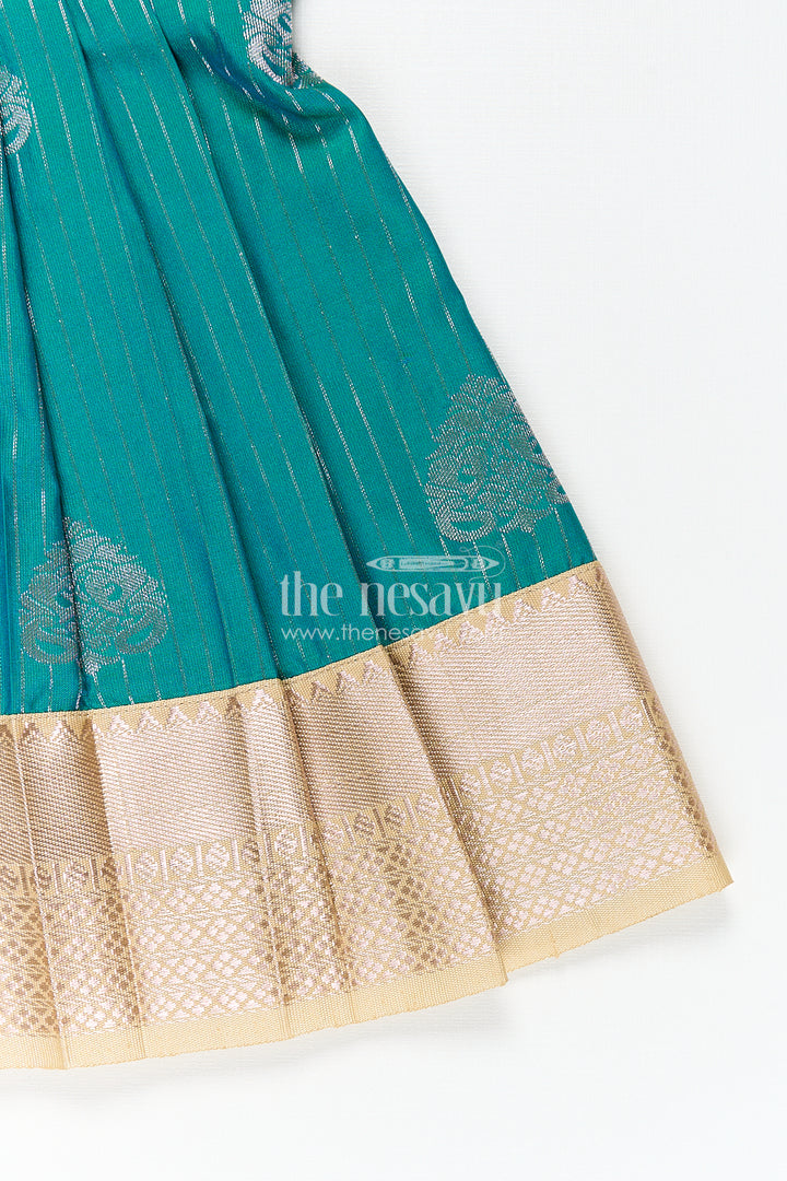 The Nesavu Girls Kanchi Silk Frock Girls Kanchivaram Silk Small Border Silk Frock with Green Waist and Pintuck Embellished Yoke Nesavu Nesavu Girls Small Border Silk Frock Kanchivaram Silk Pintuck Yoke Green Highlights