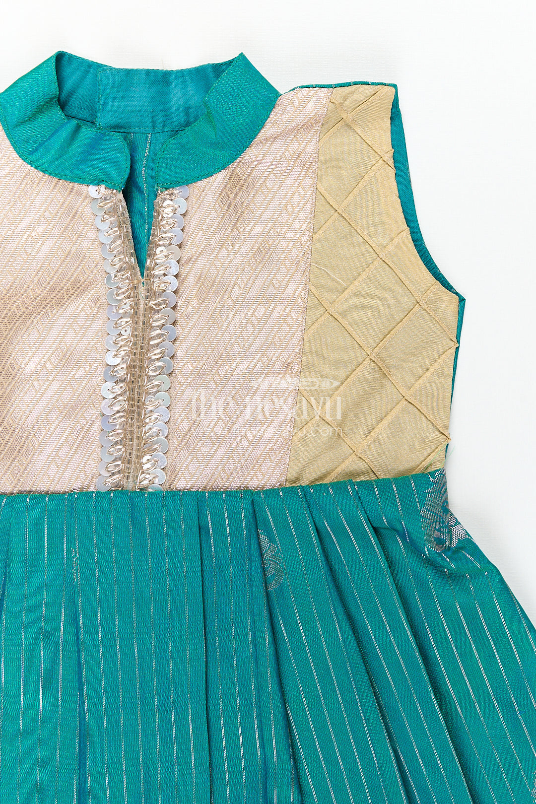 The Nesavu Girls Kanchi Silk Frock Girls Kanchivaram Silk Small Border Silk Frock with Green Waist and Pintuck Embellished Yoke Nesavu Nesavu Girls Small Border Silk Frock Kanchivaram Silk Pintuck Yoke Green Highlights