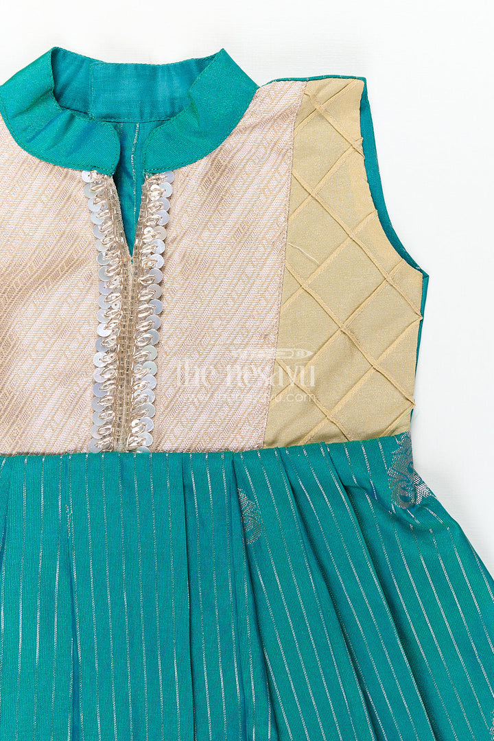 The Nesavu Girls Kanchi Silk Frock Girls Kanchivaram Silk Small Border Silk Frock with Green Waist and Pintuck Embellished Yoke Nesavu Nesavu Girls Small Border Silk Frock Kanchivaram Silk Pintuck Yoke Green Highlights